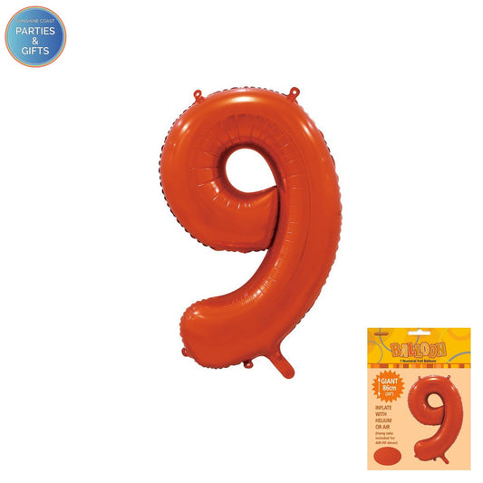 GIANT FOIL BALLOON - ORANGE NUMBER 9 - 86CM