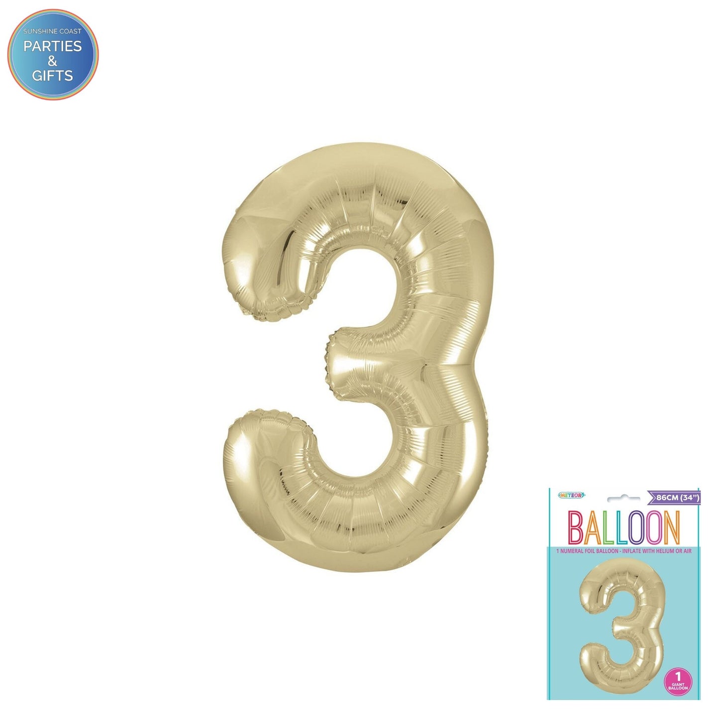 GIANT FOIL BALLOON - CHAMPAGNE GOLD NUMBER 3 - 86CM
