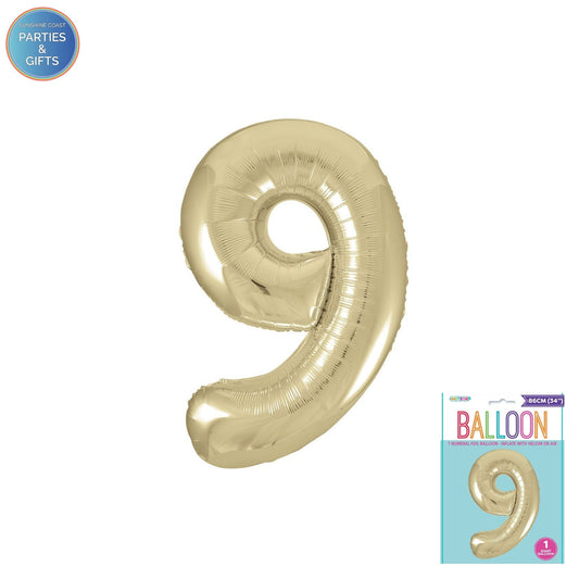 GIANT FOIL BALLOON - CHAMPAGNE GOLD NUMBER 9 - 86CM