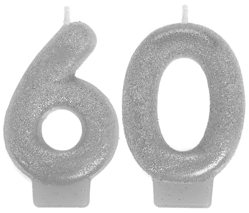 SPARKLING CELEBRATORY SILVER NUMERAL BIRTHDAY CANDLES - 60