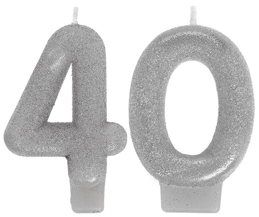SPARKLING CELEBRATORY SILVER NUMERAL BIRTHDAY CANDLES - 40