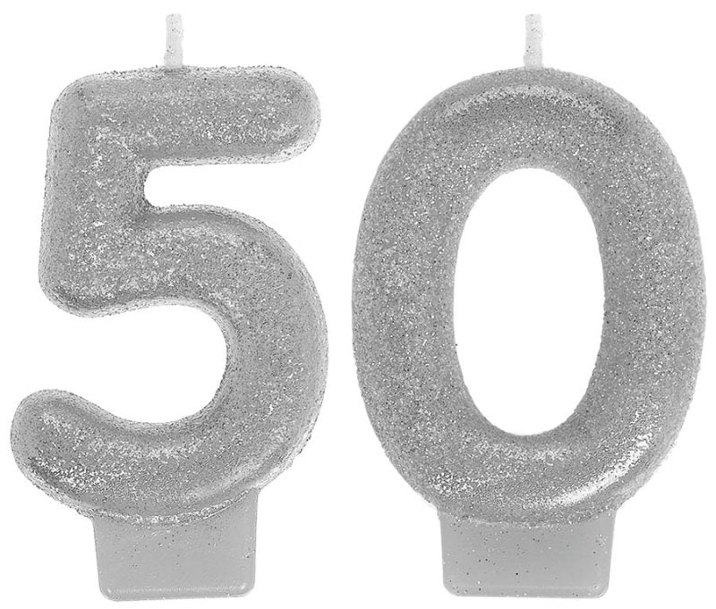 SPARKLING CELEBRATORY SILVER NUMERAL BIRTHDAY CANDLES - 50