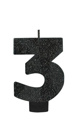 BLACK GLITTER NUMERAL CANDLE - # 3