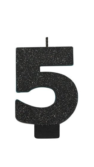 BLACK GLITTER NUMERAL CANDLE - # 5