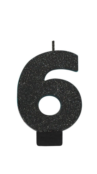 BLACK GLITTER NUMERAL CANDLE - # 6