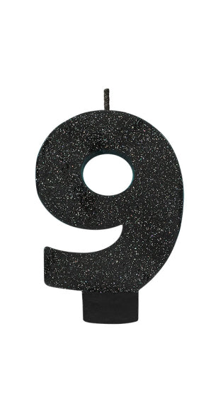 BLACK GLITTER NUMERAL CANDLE - # 9