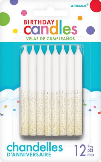 WHITE AND GOLD GLITTER CANDLES - PACK OF 12