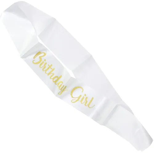 BIRTHDAY GIRL PARTY SASH - WHITE WITH GOLD WRITING