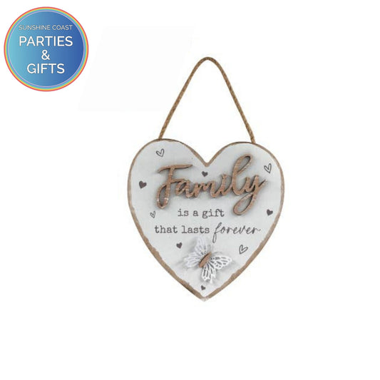 HANGING HEART SHAPED MDF PLAQUE FAMILY & BUTTERFLY - 15CM