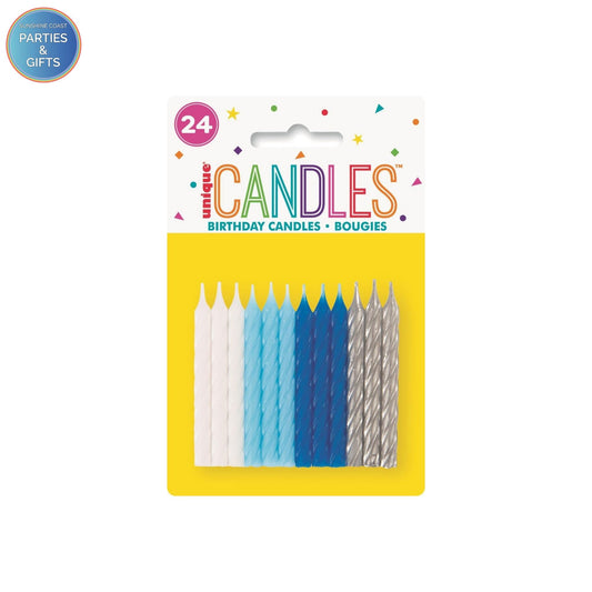 UNIQUE PARTY BIRTHDAY SPIRAL CANDLES - WHITE, LIGHT BLUE, BLUE & SILVER - PACK OF 24