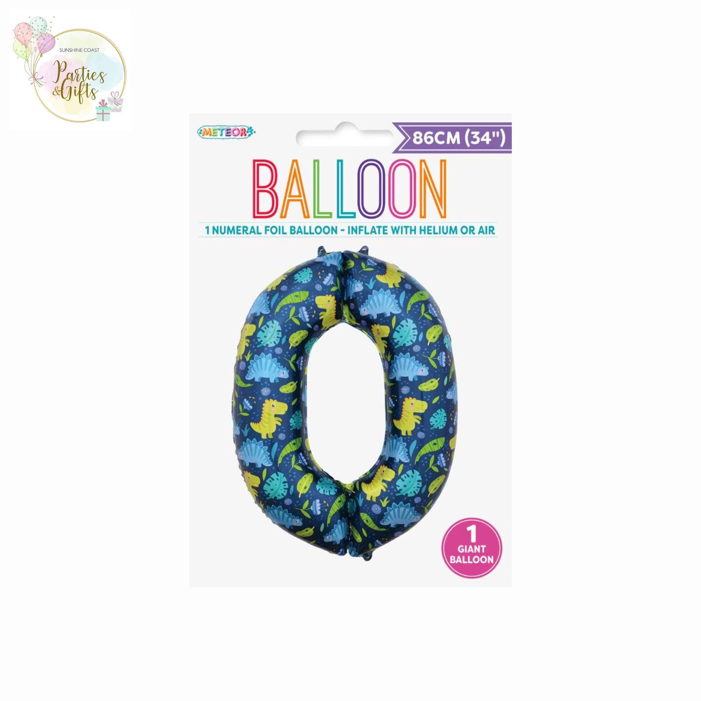 GIANT FOIL BALLOON - DINOSAUR NUMBER 0 - 86CM