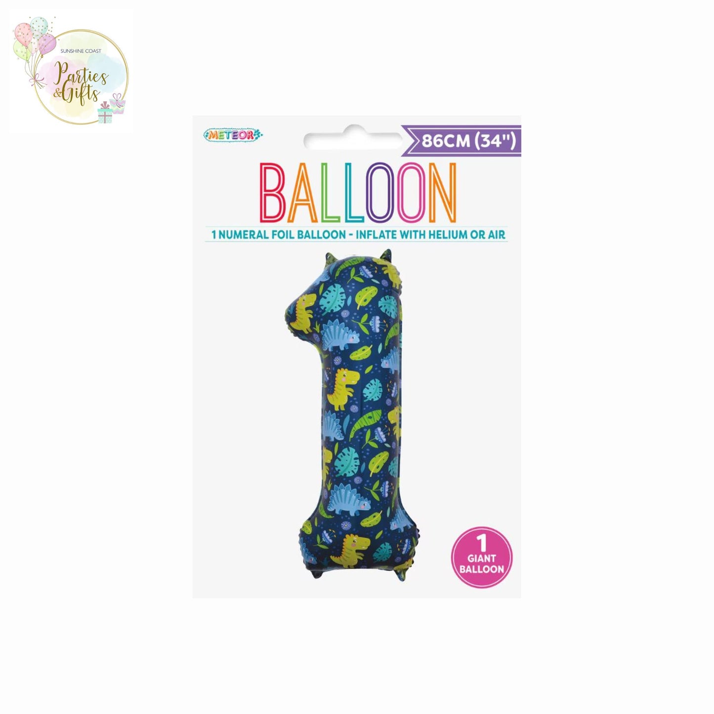 GIANT FOIL BALLOON - DINOSAUR NUMBER 1 - 86CM