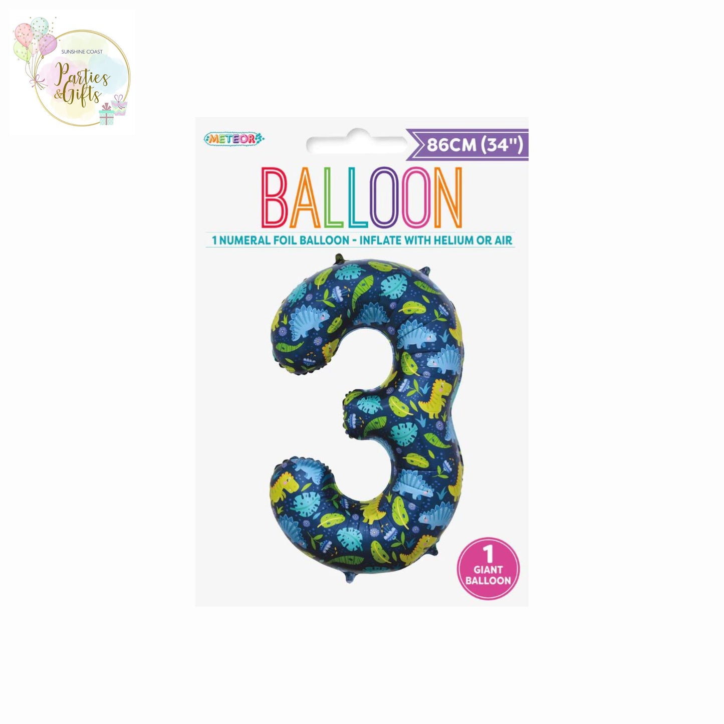 GIANT FOIL BALLOON - DINOSAUR NUMBER 3 - 86CM