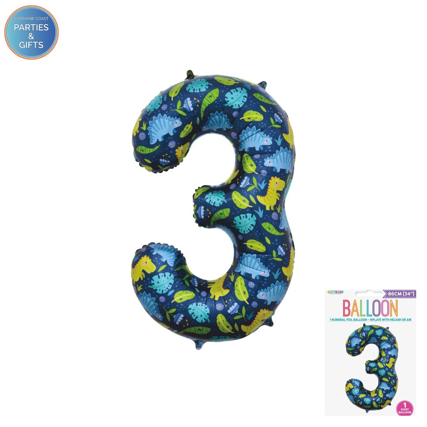 GIANT FOIL BALLOON - DINOSAUR NUMBER 3 - 86CM