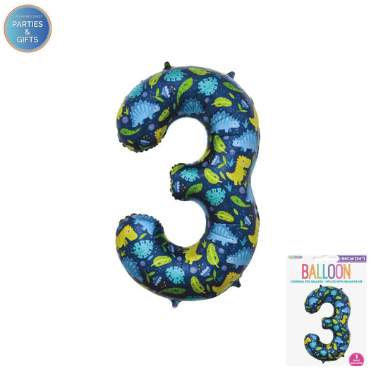 GIANT FOIL BALLOON - DINOSAUR NUMBER 3 - 86CM