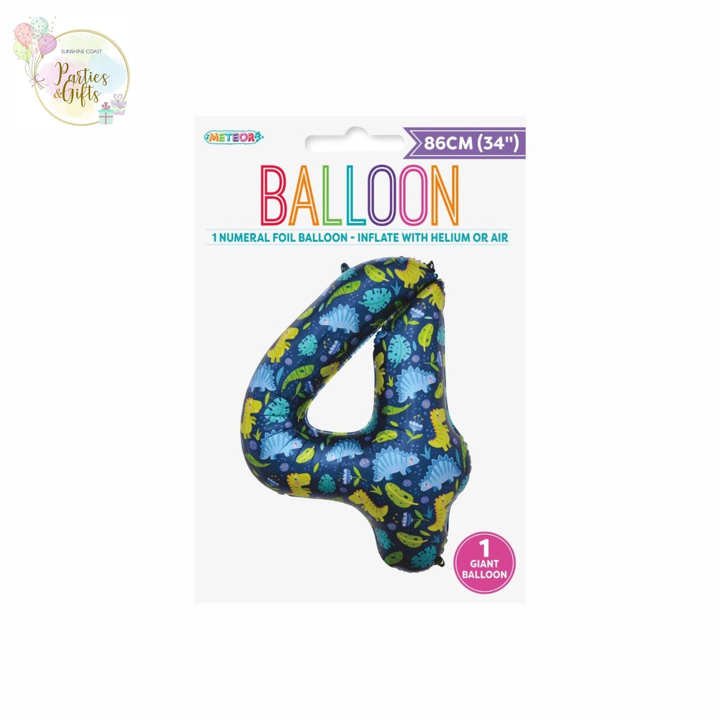 GIANT FOIL BALLOON - DINOSAUR NUMBER 4 - 86CM