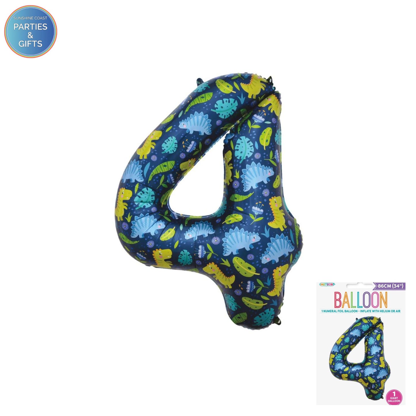 GIANT FOIL BALLOON - DINOSAUR NUMBER 4 - 86CM