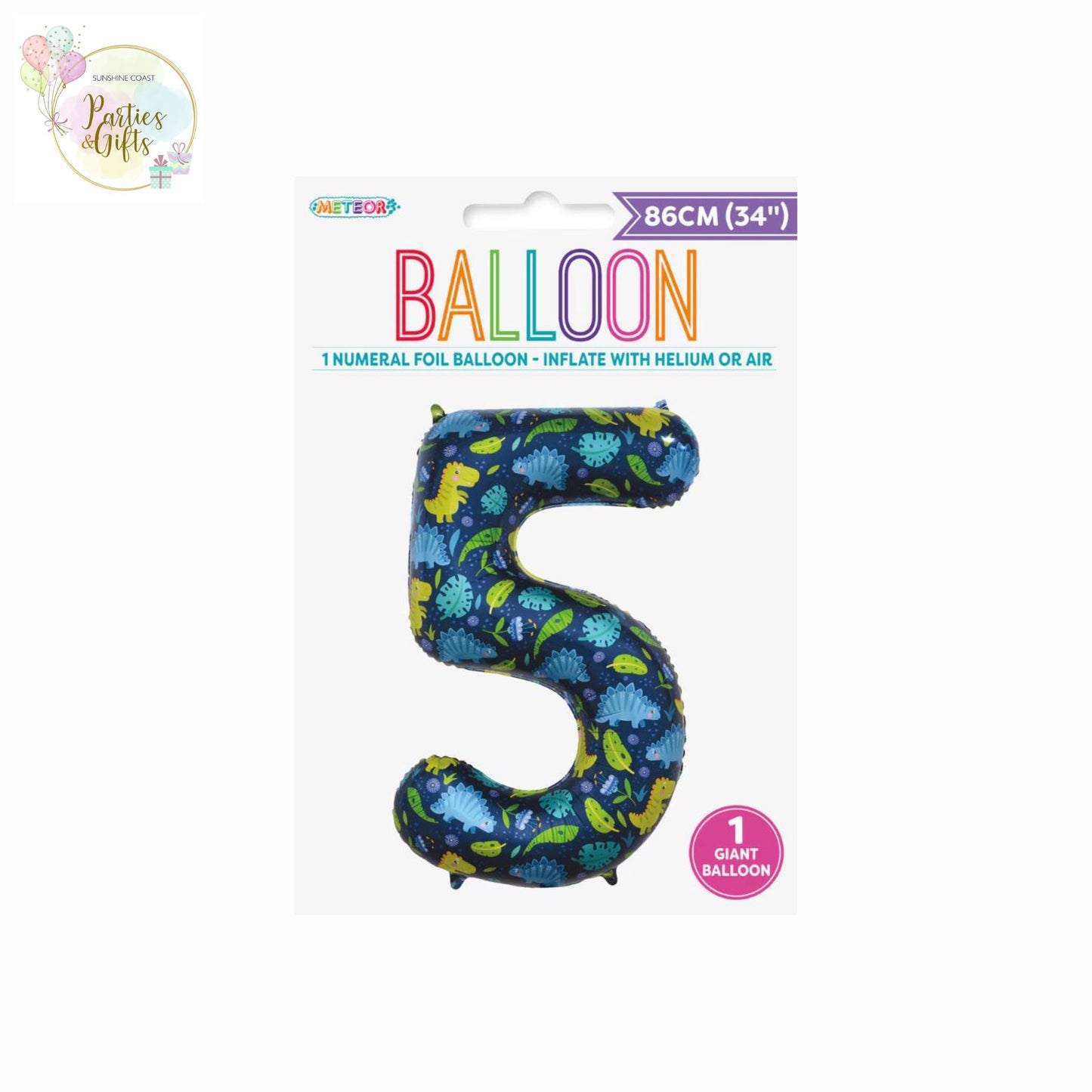 GIANT FOIL BALLOON - DINOSAUR NUMBER 5 - 86CM