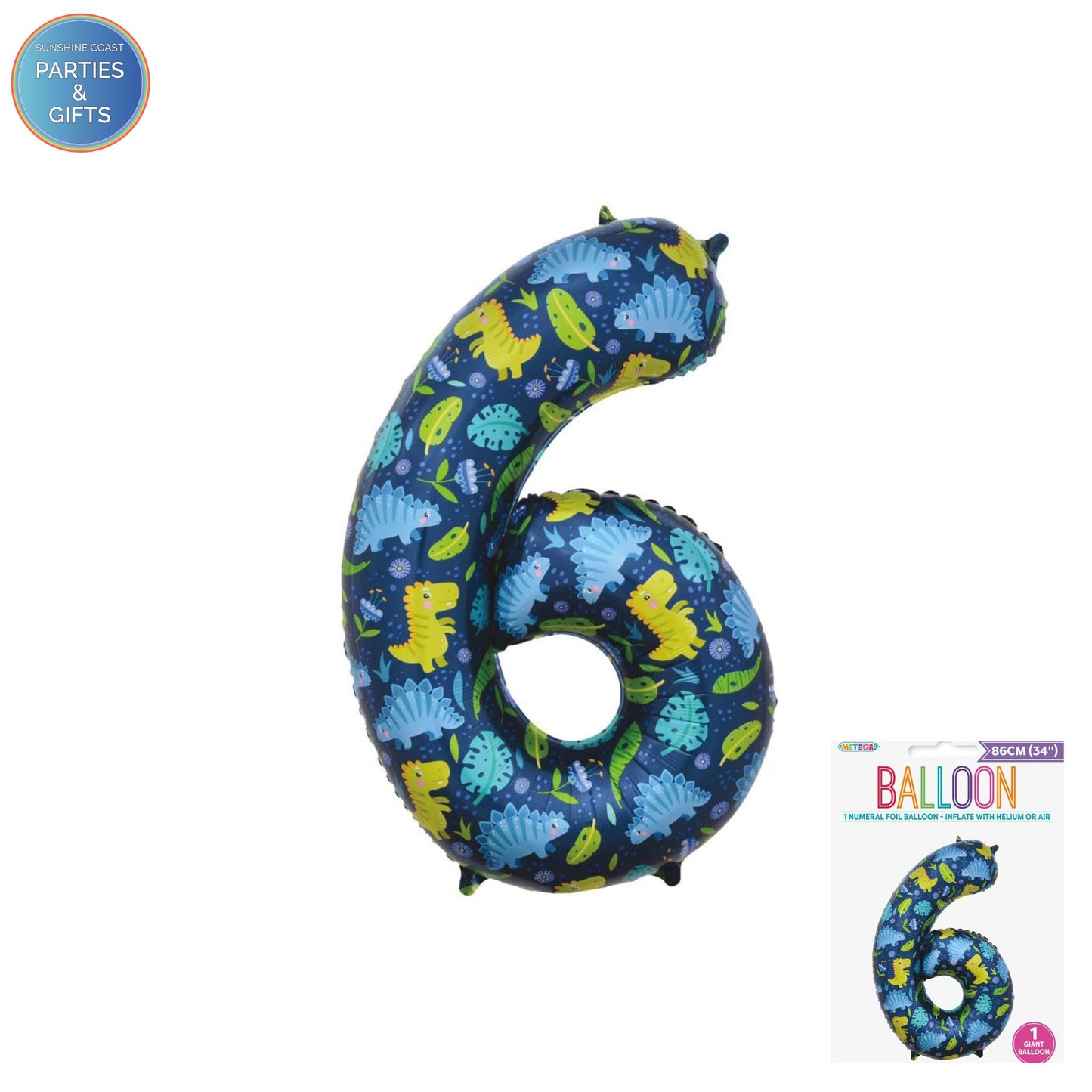 GIANT FOIL BALLOON - DINOSAUR NUMBER 6 - 86CM