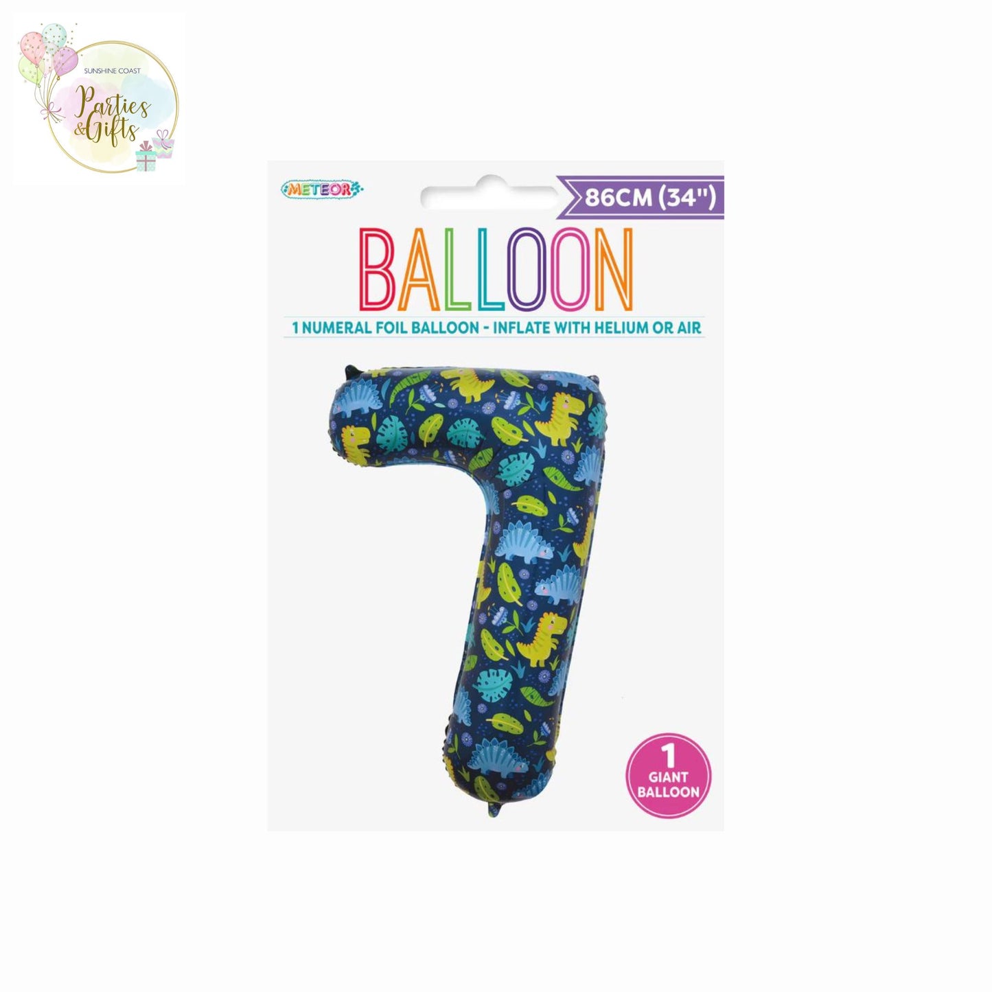 GIANT FOIL BALLOON - DINOSAUR NUMBER 7 - 86CM