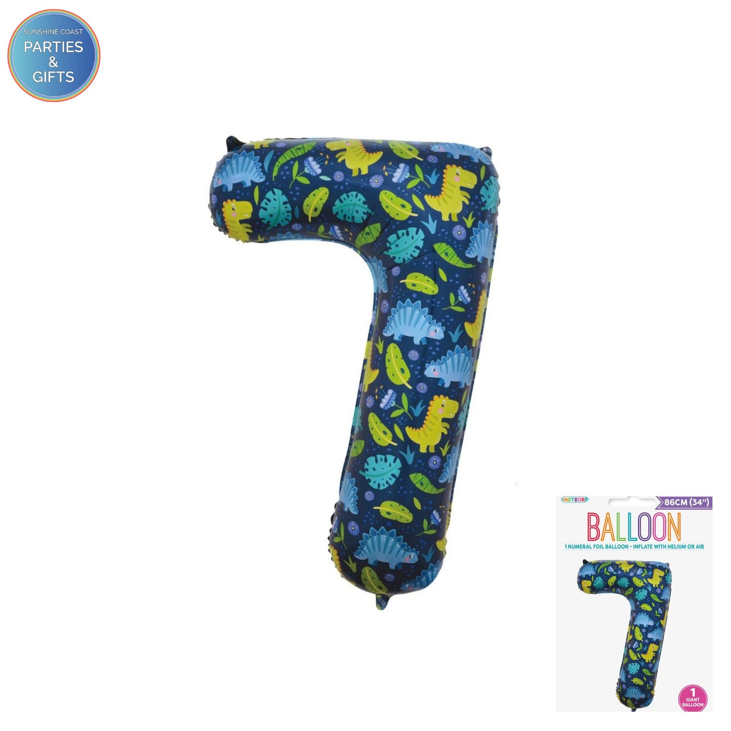 GIANT FOIL BALLOON - DINOSAUR NUMBER 7 - 86CM