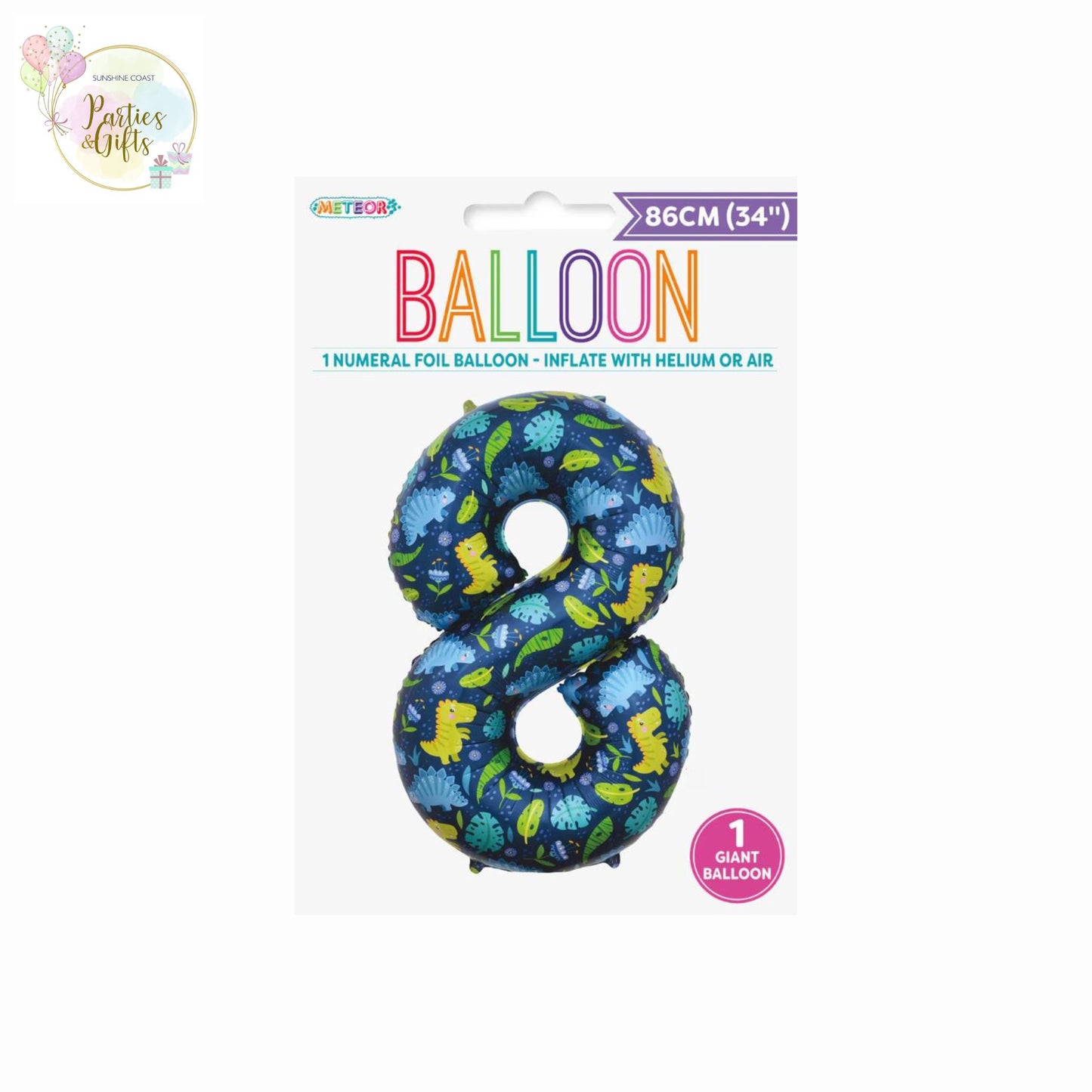 GIANT FOIL BALLOON - DINOSAUR NUMBER 8 - 86CM