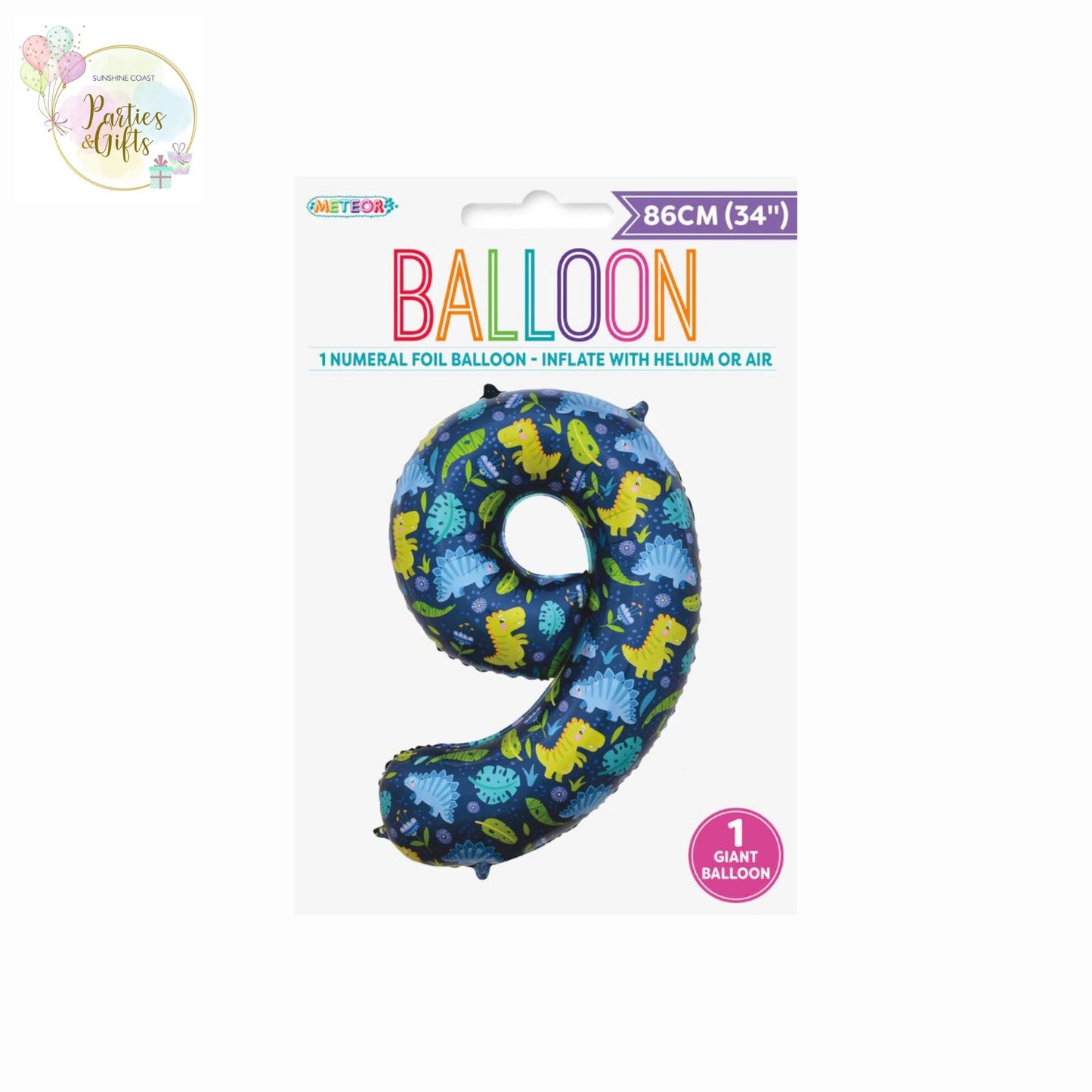 GIANT FOIL BALLOON - DINOSAUR NUMBER 9 - 86CM