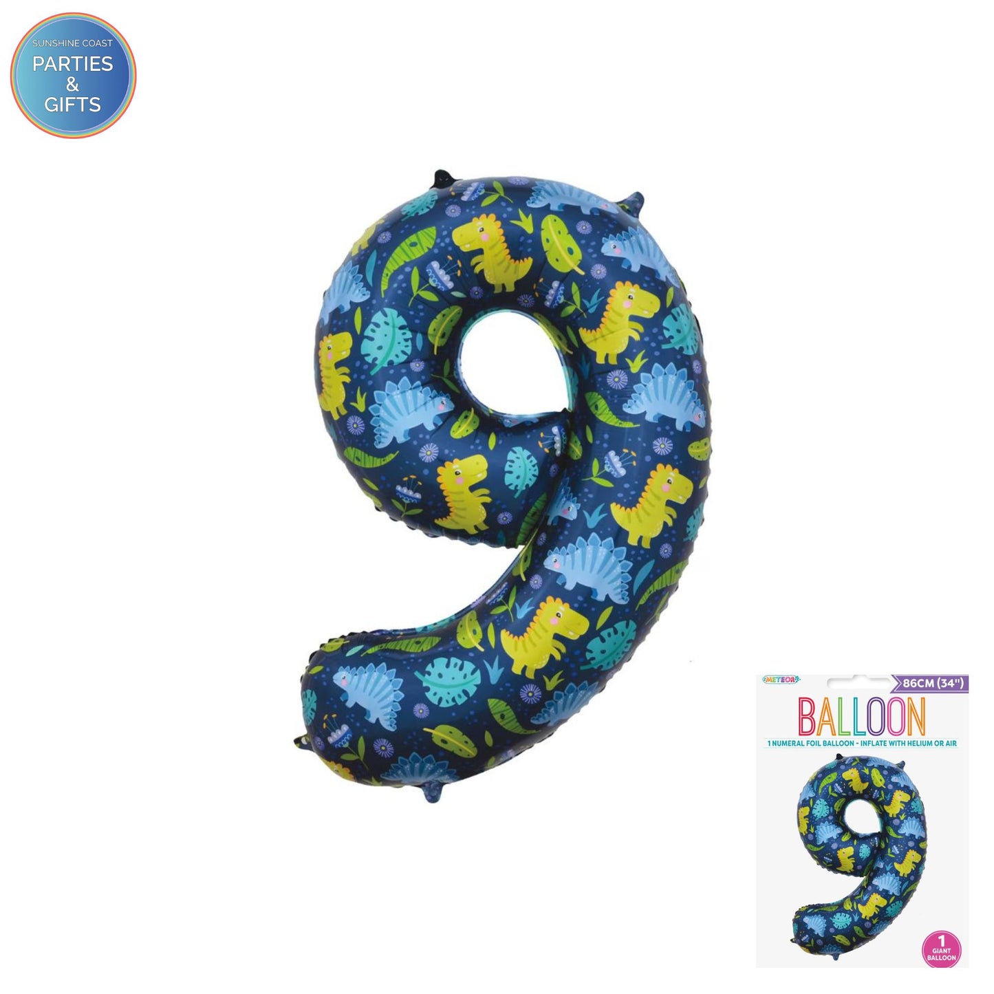 GIANT FOIL BALLOON - DINOSAUR NUMBER 9 - 86CM