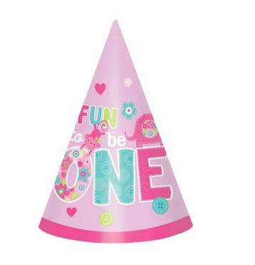 FUN TO BE ONE 1ST BIRTHDAY PARTY HATS - PINK - 8 PACK