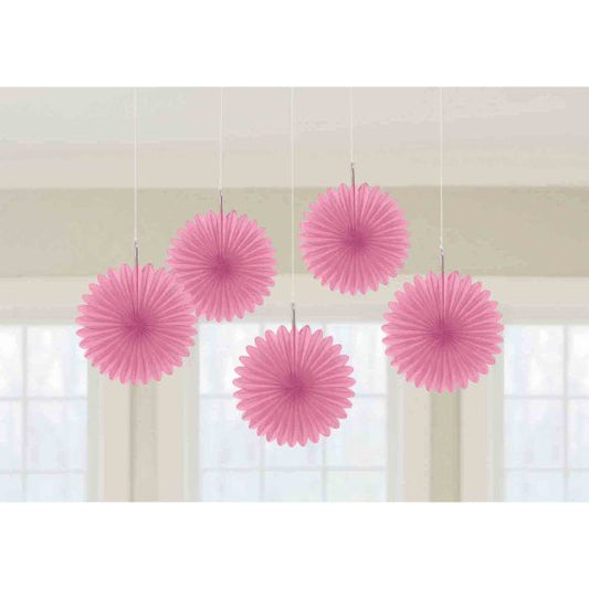 BRIGHT PINK MINI HANGING FAN DECORATIONS - 5 PIECES
