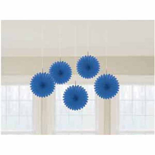 ROYAL BLUE MINI HANGING FAN DECORATIONS - 5 PIECES