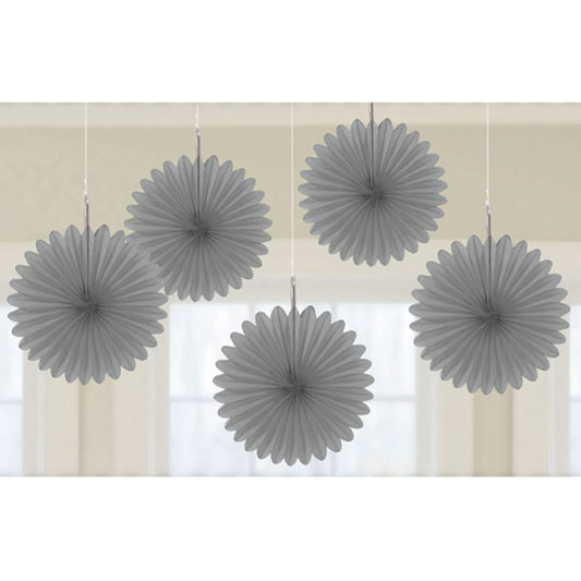 SILVER MINI HANGING FAN DECORATIONS - 5 PIECES