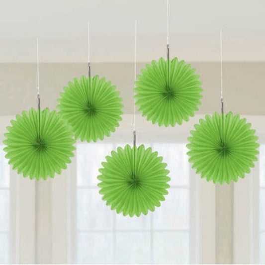 KIWI GREEN MINI HANGING FAN DECORATIONS - 5 PIECES