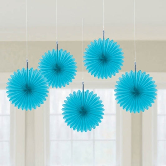 CARIBBEAN BLUE MINI HANGING FAN DECORATIONS - 5 PIECES