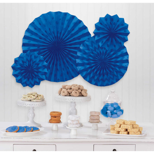 GLITTER FANS ROYAL BLUE HANGING DECORATIONS - 4 PIECES