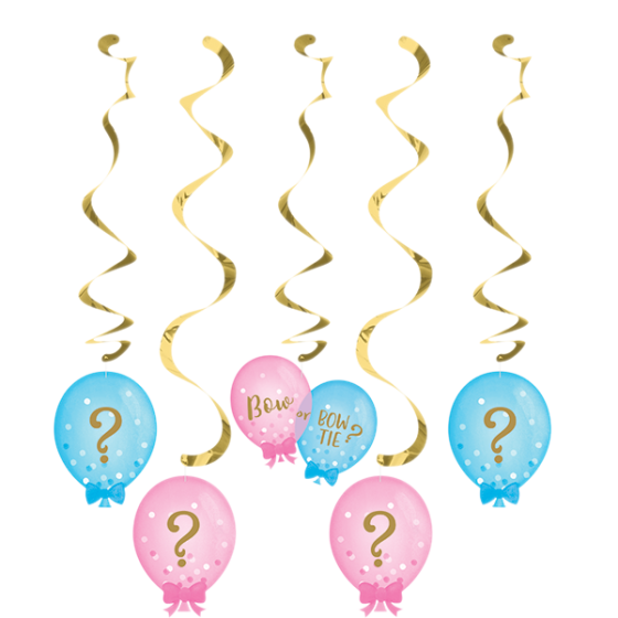 GENDER REVEAL HANGING SWIRL DECORATIONS - 5 PIECES