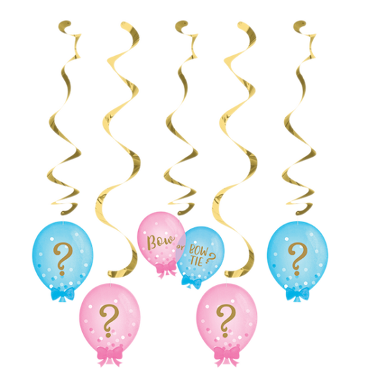 GENDER REVEAL HANGING SWIRL DECORATIONS - 5 PIECES