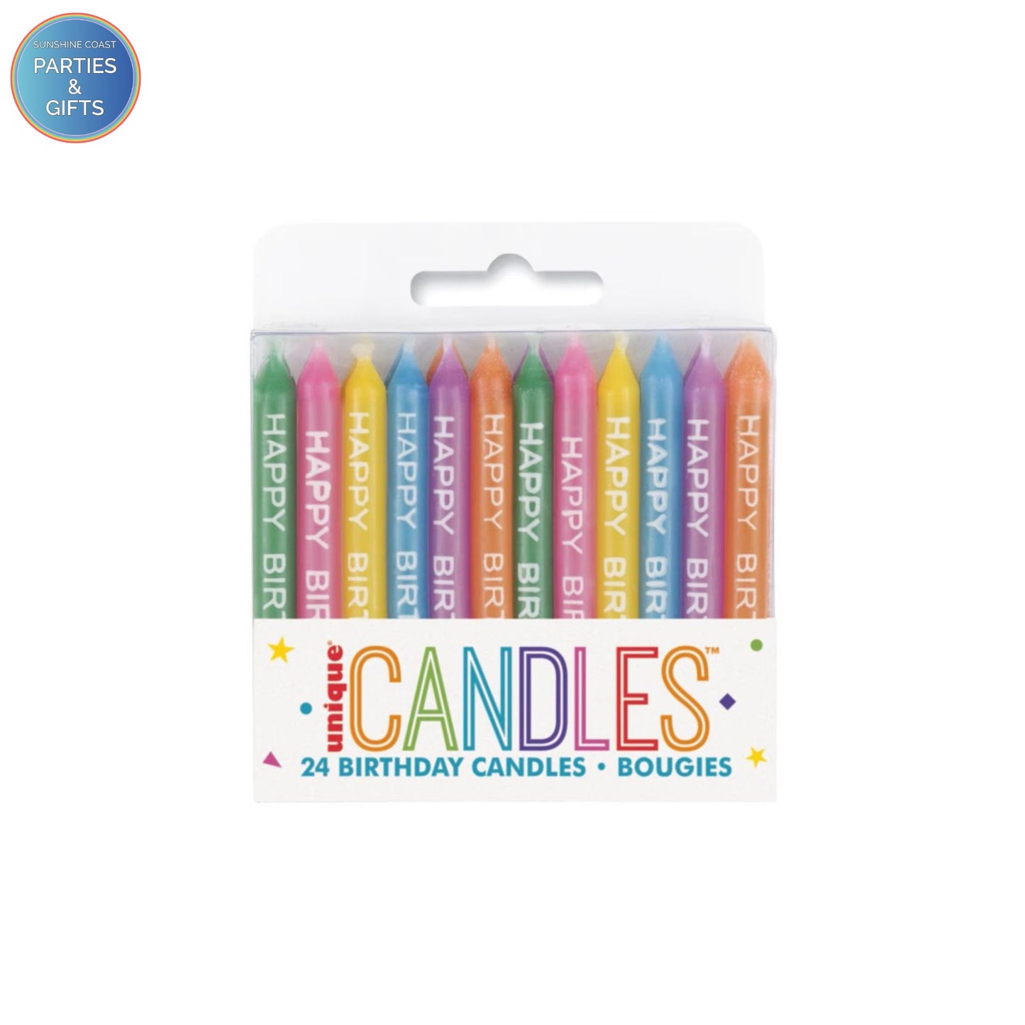 UNIQUE PARTY HAPPY BIRTHDAY CANDLES - RAINBOW - PACK OF 24