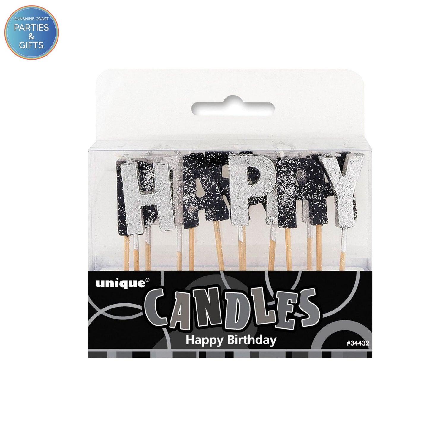 UNIQUE PARTY GLITZ GLITTER HAPPY BIRTHDAY CANDLES - BLACK & SILVER