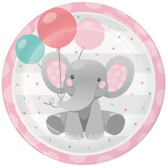 BABY SHOWER GIRL ENCHANTED ELEPHANT ROUND PAPER PLATES 22.2CM - PACK OF 8