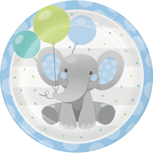BABY SHOWER BOY ENCHANTED ELEPHANT ROUND PAPER PLATES 22.2CM - PACK OF 8