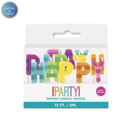 UNIQUE PARTY STRIPED HAPPY BIRTHDAY CANDLES - RAINBOW