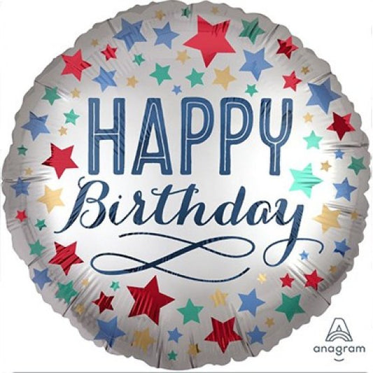 SILVER HAPPY BIRTHDAY SATIN WITH STARS FOIL BALLOON - 45CM