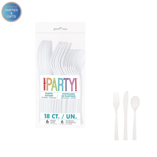WHITE REUSABLE PLASTIC CUTLERY - 18 PACK