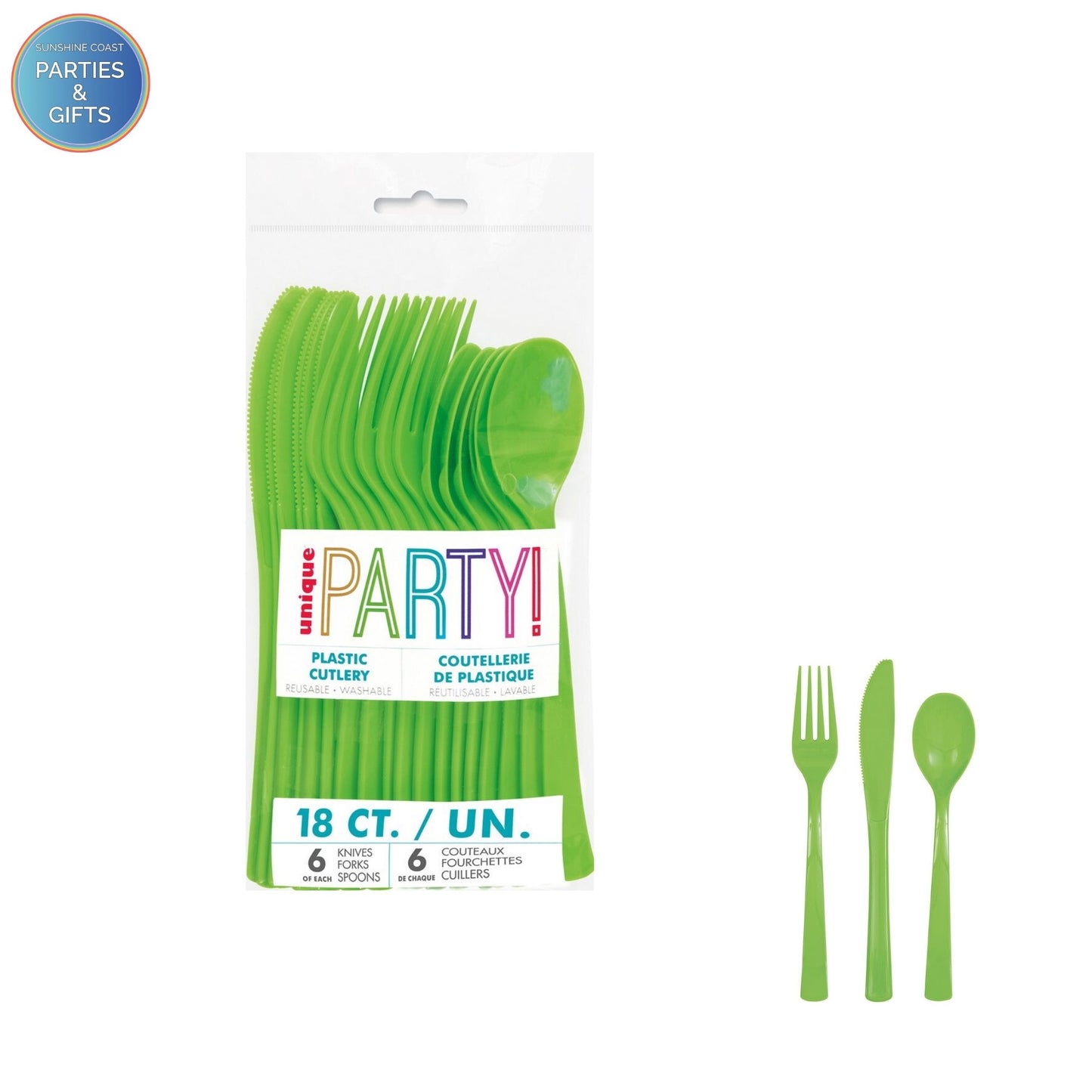 LIME GREEN REUSABLE PLASTIC CUTLERY - 18 PACK