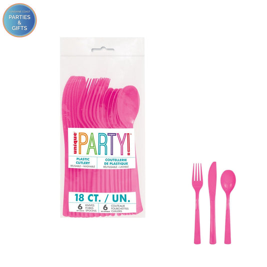 HOT PINK REUSABLE PLASTIC CUTLERY - 18 PACK
