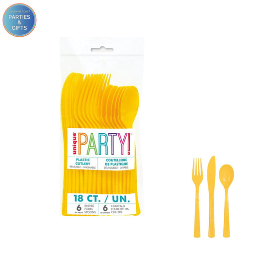 SUNFLOWER YELLOW REUSABLE PLASTIC CUTLERY - 18 PACK