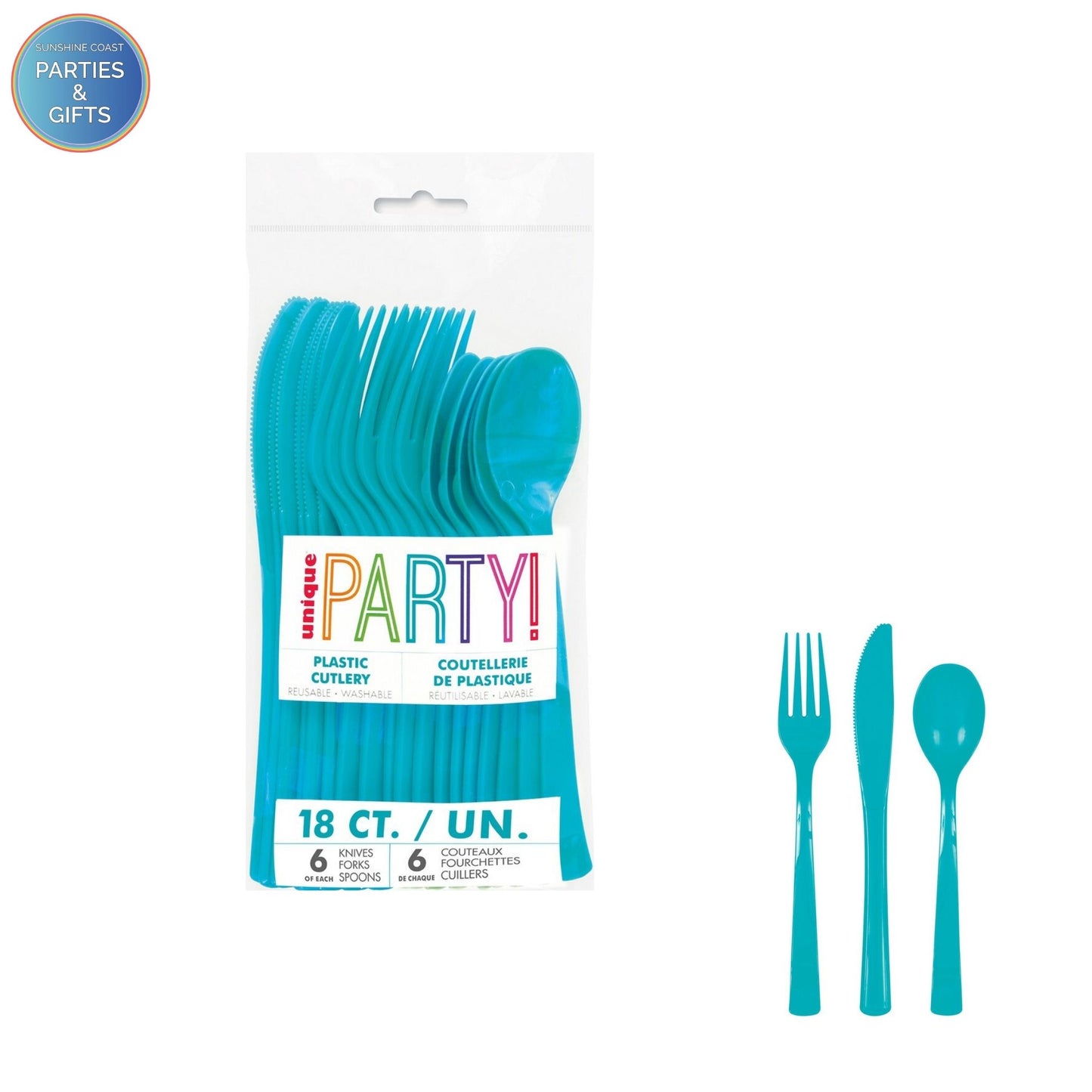 CARIBBEAN TEAL REUSABLE PLASTIC CUTLERY - 18 PACK