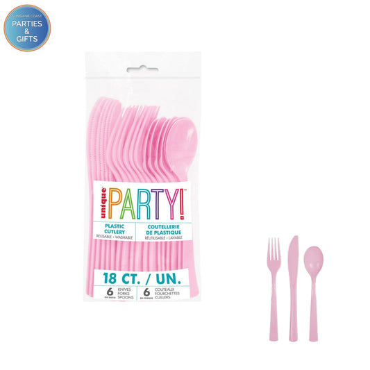 LOVELY PINK REUSABLE PLASTIC CUTLERY - 18 PACK