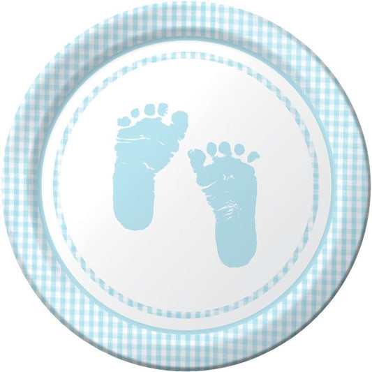 BABY SHOWER PLAID BABY BOY ROUND PAPER PLATES 17.4CM - PACK OF 8